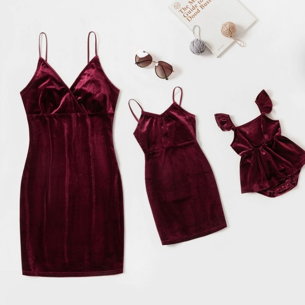 Matching mother daughter velvet red wine dress